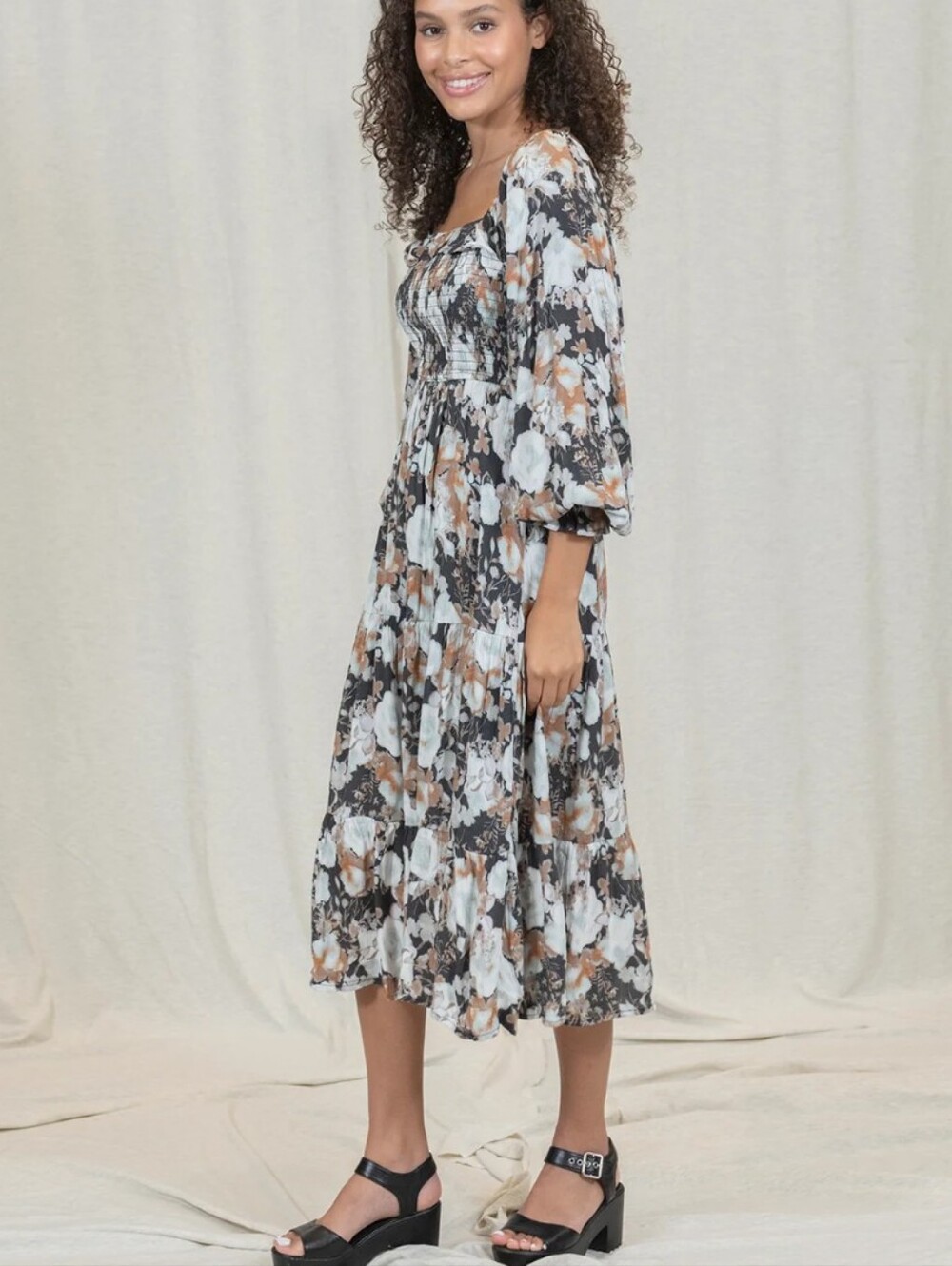 Smocked Square-Neck Midi Dress Black and Cream Floral Print Long Sleeves Sz S - Picture 5 of 12